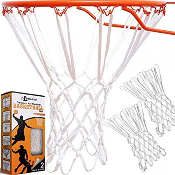 BETTERLINE 2-Pack Heavy Duty Basketball Nets | Premium Quality All-Weather Thick Nets | 2 White Basketball Nets in Pack for Indoor and Outdoor 12-Loop Hoop Rims