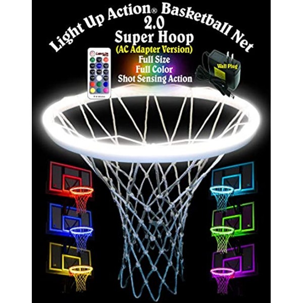 Light Up Action Super Hoop Neon LED Basketball Hoop Light Net 2.0 Illuminates Backboard Rim and Net Any Color by Remote with Rebound Sensing and Score Sensing Reactive Lights