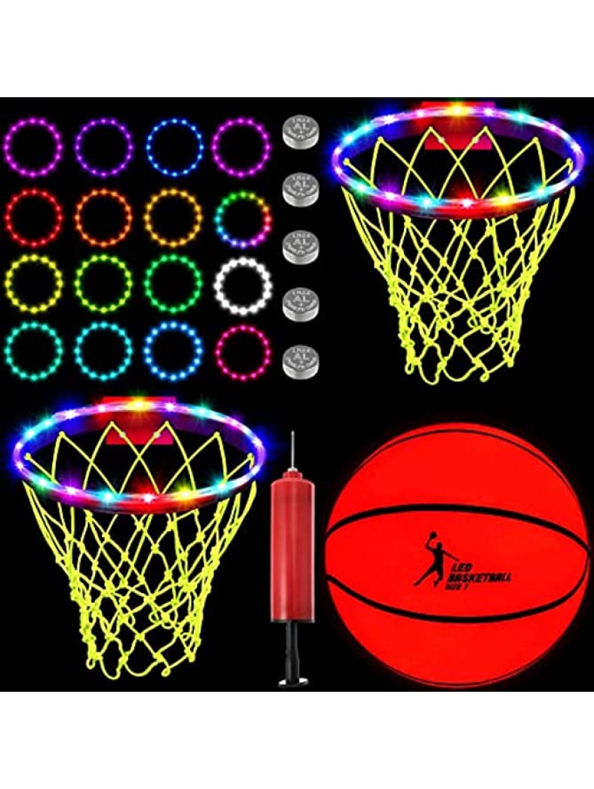 Light Up Basketball Glow in The Dark Basketball with Pump 2 LED Basketball Hoop Lights 2 Glow Basketball Nets Remote Control Basketball Rim Lights 17 Colors for Outdoor Sports Game Night Training
