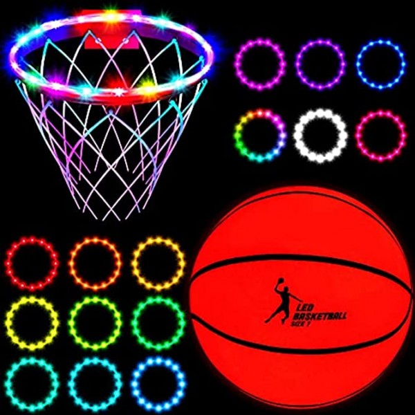 2 Pieces Light Up Basketball Glow in the Dark Basketball LED Basketball Hoop Lights Remote Control Basketball Rim Lights Waterproof Rim Lights 17 Colors 7 Lighting Modes for Boys Present Age 12