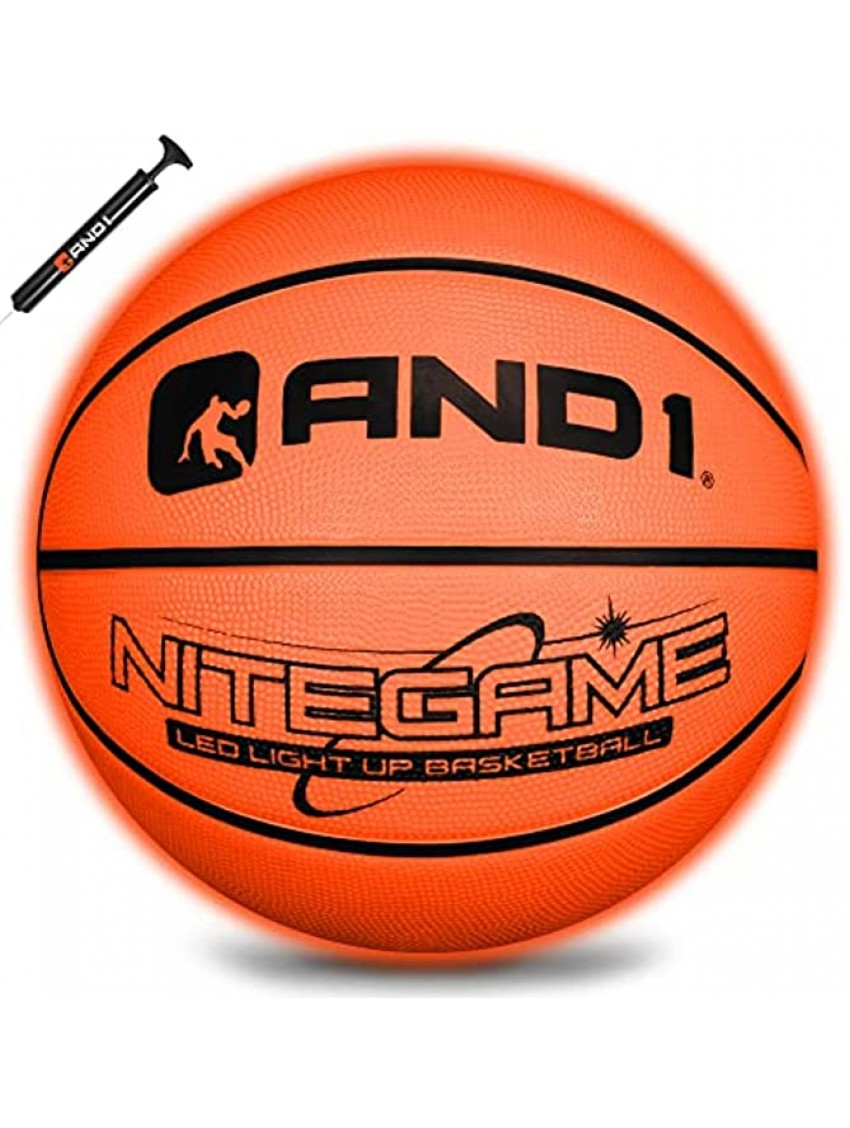 AND1 LED Light Up Basketball & Pump Bundle Deflated w Pump Included: Nitegame Glow in The Dark Ball- Night Ball for Indoor and Outdoor Games Impact Activated Glowing Basketball