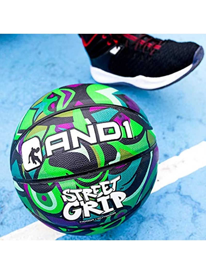 AND1 Street Grip Premium Composite Leather Basketball & Pump Bundle- Official Size 7 29.5” Streetball Made for Indoor and Outdoor Basketball Games