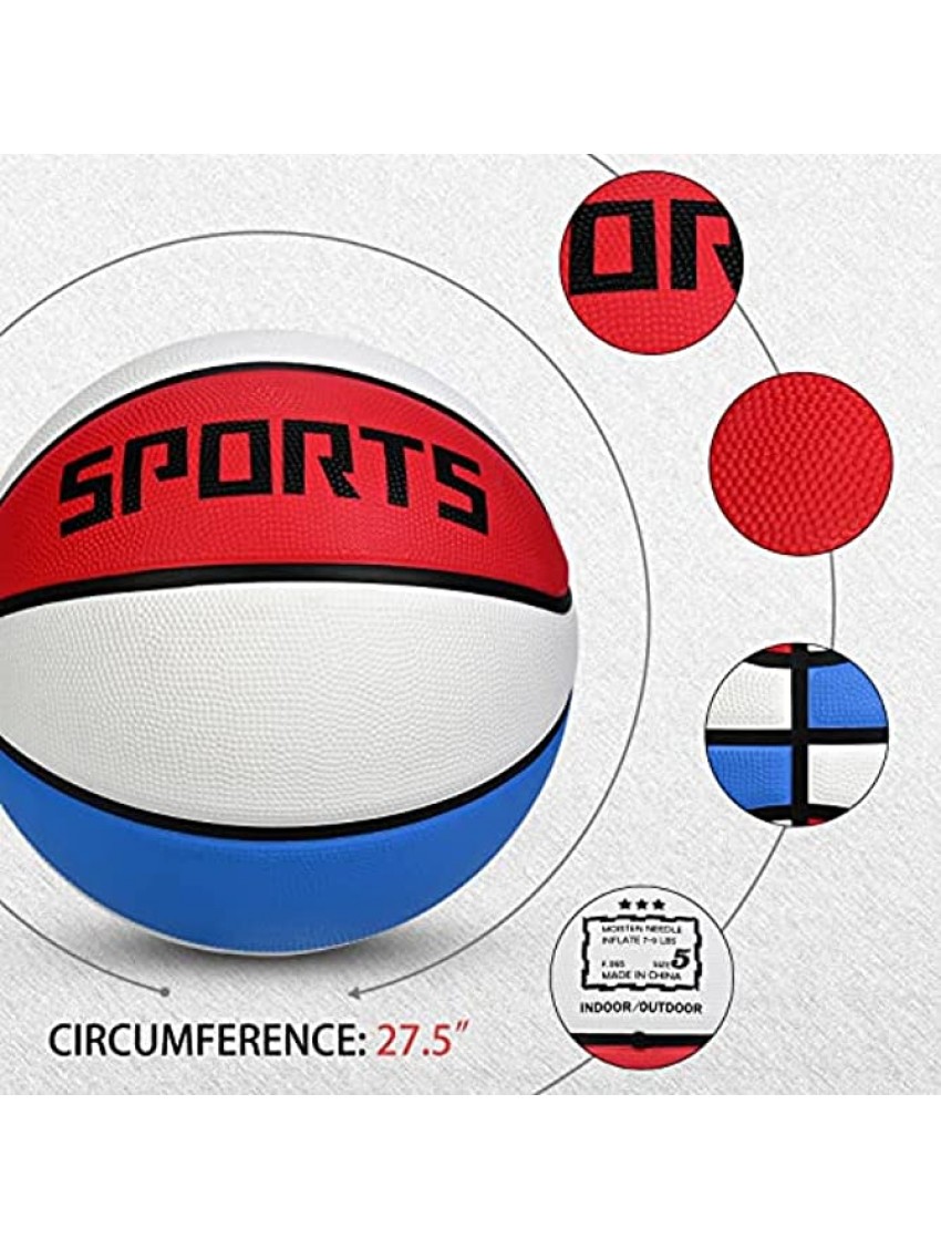 Foam Rubber Basketball 27.5” Standard Size 5 Basketball with Sports Logo and Classic Color Red + Blue + White Youth Game Ball for Kids Indoor and Outdoor Basketball Games Deflated