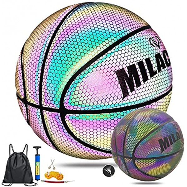 MILACHIC Basketballs Holographic Reflective Basketball Indoor Outdoor Leather Basketball Official Size 7 29.5" Special Basketball Gifts for Boys Girls Men Women