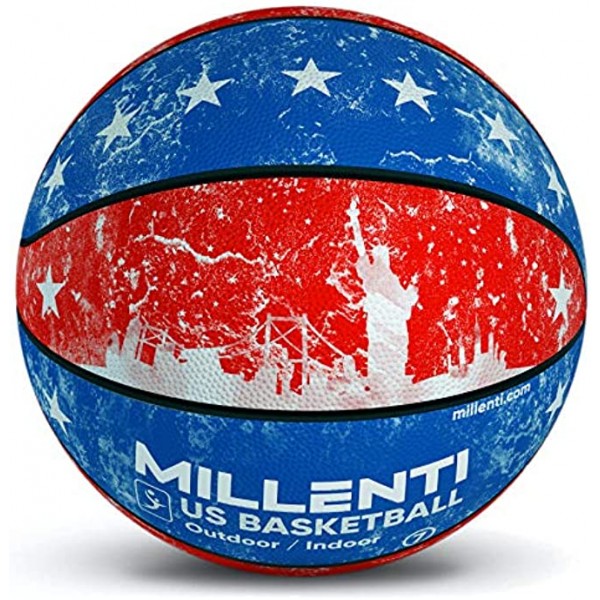 Millenti USA Basketball Ball Outdoor-Indoor Basketballs American Flag Stars & Stripes High-Visibility Easy-to-Track Designs Patriotic US Basketball Size 29.5 Red White & Blue BB0407RWB