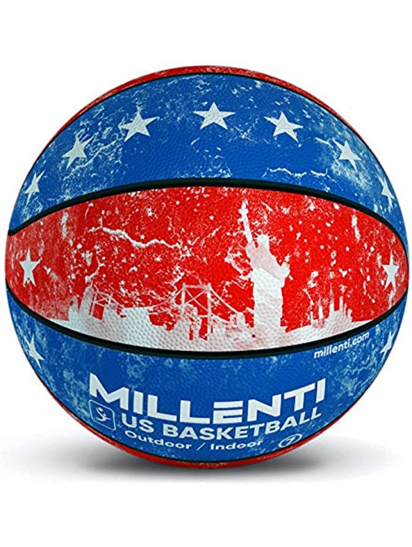 Millenti USA Basketball Ball Outdoor-Indoor Basketballs American Flag Stars & Stripes High-Visibility Easy-to-Track Designs Patriotic US Basketball Size 29.5 Red White & Blue BB0407RWB