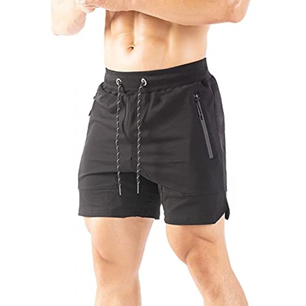 Gerlobal Men's 5" Gym Workout Shorts Fitted Running Athletic Bodybuilding Shorts for Men with Zipper Pockets