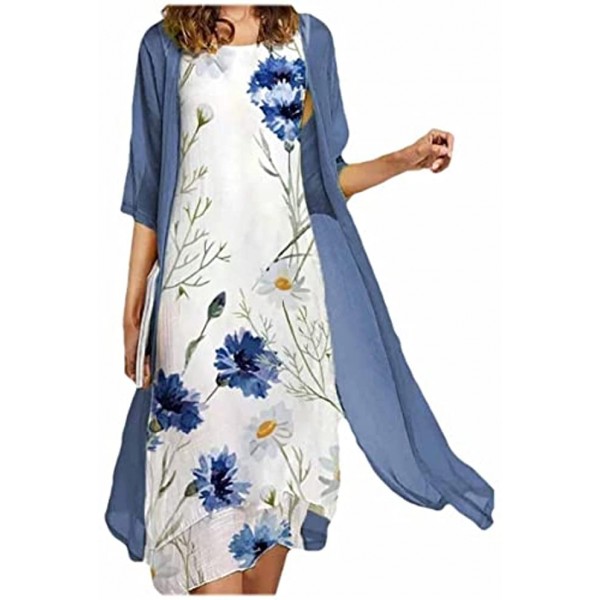 Bupeelee Dresses for Women Two Piece Set Plus Size Floral Maxi Dress with Solid Chiffon Cardigans Wedding Guest Dresses