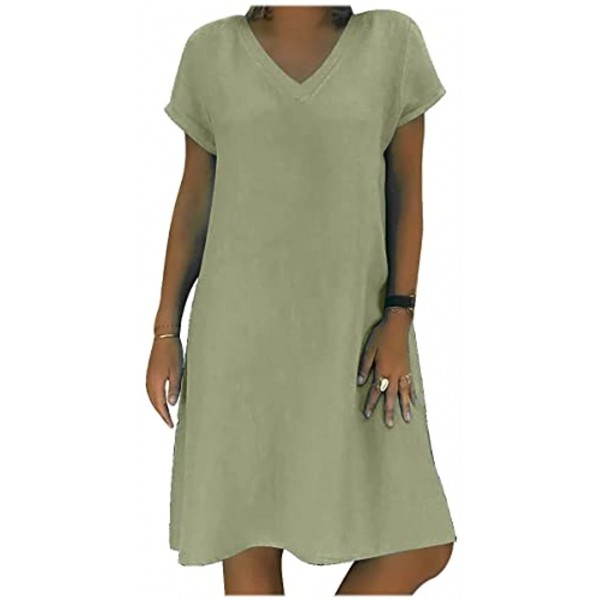 Bupeelee Summer Dresses for Women 2022 Solid Scallop Trim Mini Short Dress Tank Sundress Sleeveless Cotton Linen Dress