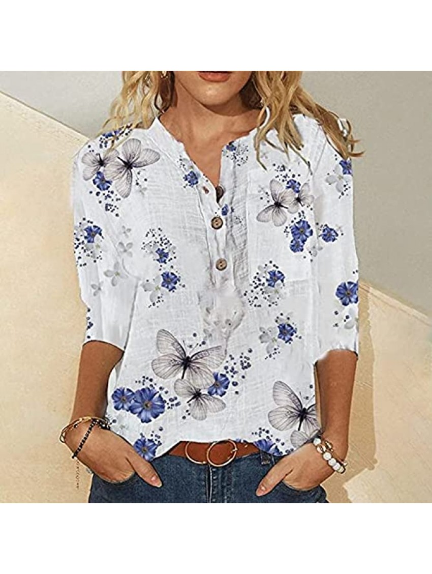 Cbcbtwo 2022 Spring 3 4 Sleeve Shirts for Women Summer Trendy Casual Print Tops Round Neck Loose Pullover Comfy Soft Blouses
