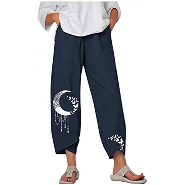 Cbcbtwo Women Summer Linen Pants Casual Floral Print Capri Harem Pants Plus Size Loose Comfy Palazzo Pants With Pockets