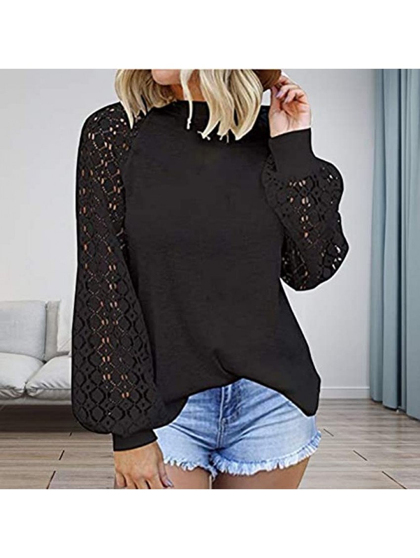 Cute Shirts for Women Lantern Sleeve Tops Openwork Sweater Waffle Knit Pullover Lace Stitching Blouse Fall Clothes