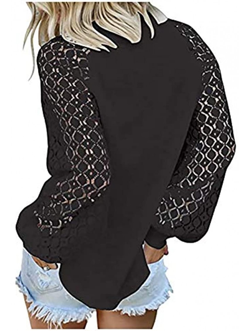 Cute Shirts for Women Lantern Sleeve Tops Openwork Sweater Waffle Knit Pullover Lace Stitching Blouse Fall Clothes