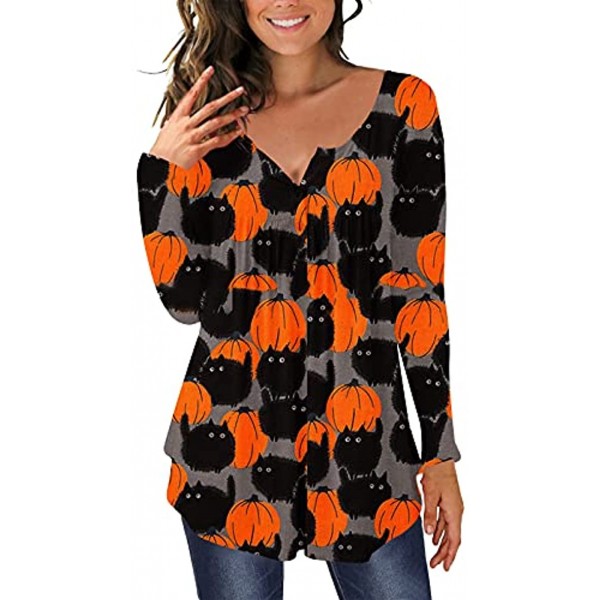 Halloween Tunic Shirts for Women Novelty Pumpkin Graphic Pullover Long Sleeve Empire Waist Flare Blouse Tops