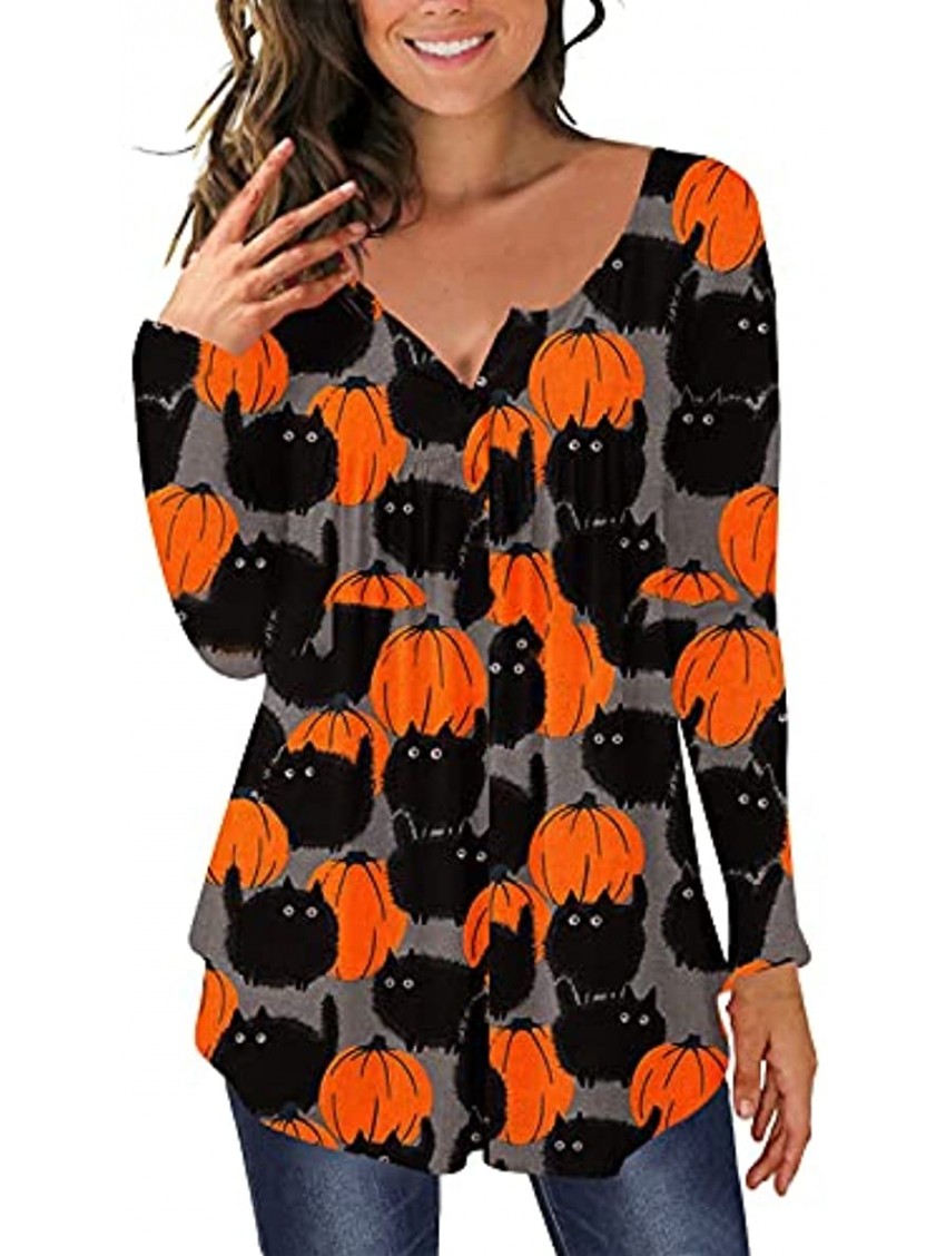 Halloween Tunic Shirts for Women Novelty Pumpkin Graphic Pullover Long Sleeve Empire Waist Flare Blouse Tops