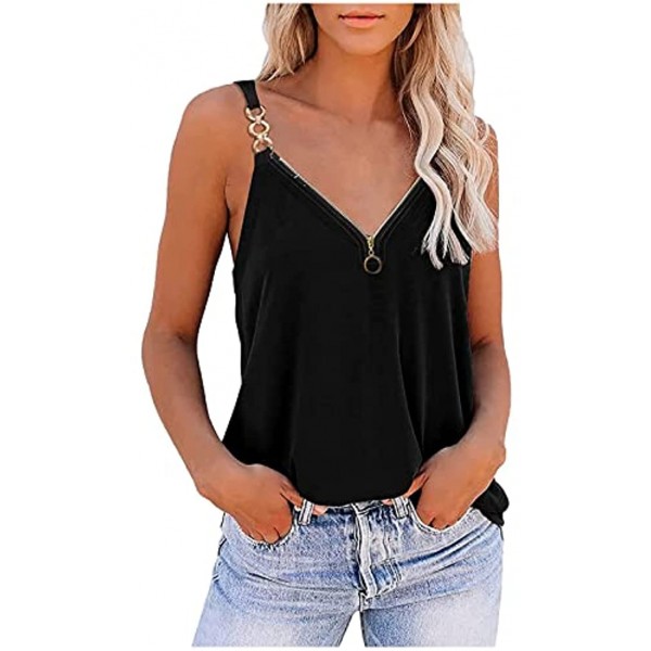 Hatoys Metal Chained Womens Tops Zippered Bust Tank Top Longline Tunics Top Solid Summer Sleeveless See Through T Shirt