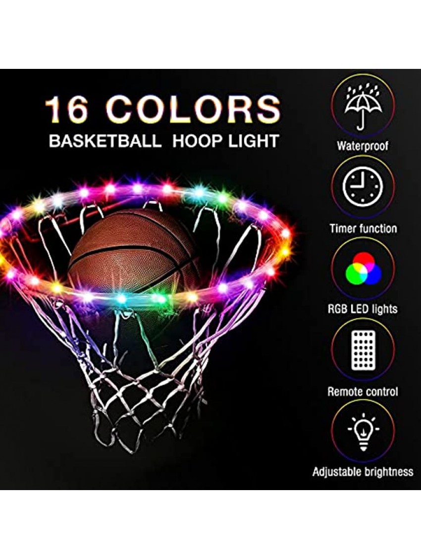 Jooheli Led Basketball Hoop Lights Waterproof Remote Control Basketball Rim LED Light Change 16 Colors Glow in The Dark Basketball Hoop Bright to Training and Play at Night Outdoors