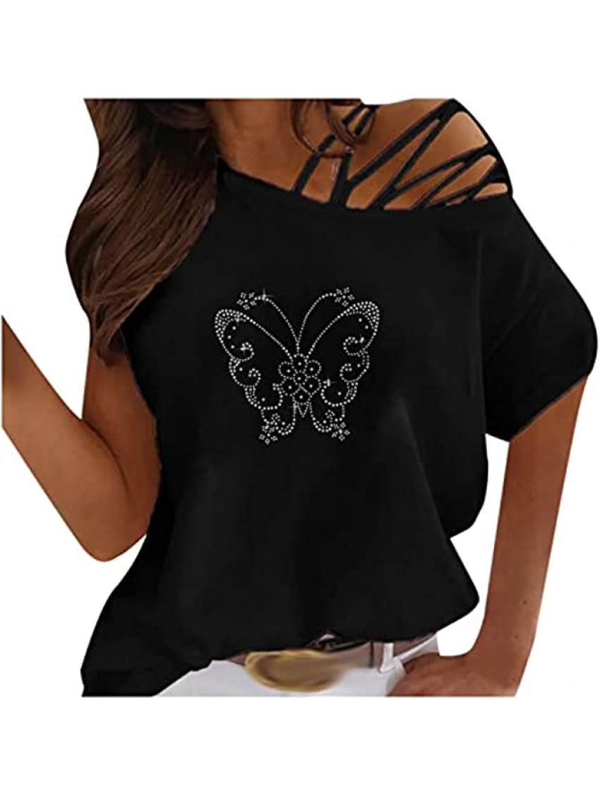 Kanzd Short Sleeve Summer Tops for Women Casual One Shoulder Sexy Strappy Hollow Out Graphic Tunic Tops Pullover Blosue