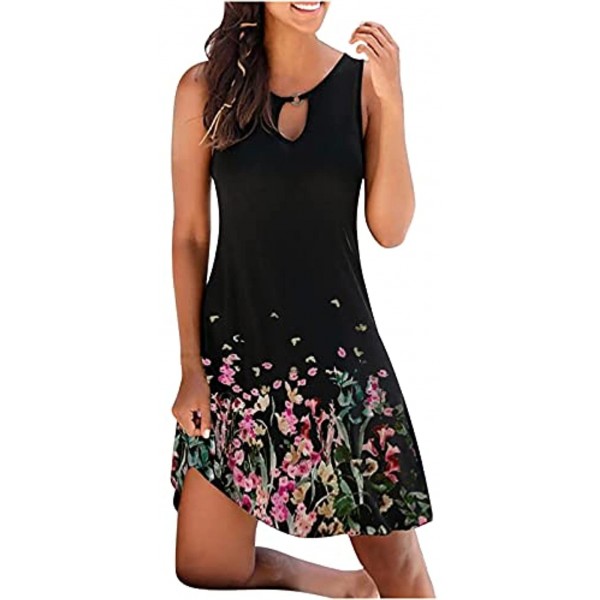 Kanzd Summer Dress for Women Fashion Floral Butterfly Graphic Sleeveless V Neck Loose Beach Tank Dress Mini Dress Sundress