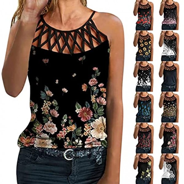 Kanzd Summer Tank Tops for Women Sexy Sleeve Hollow Out Strappy Crewneck Floral Graphic Workout Tshirts Vest Ladies Tank Tops