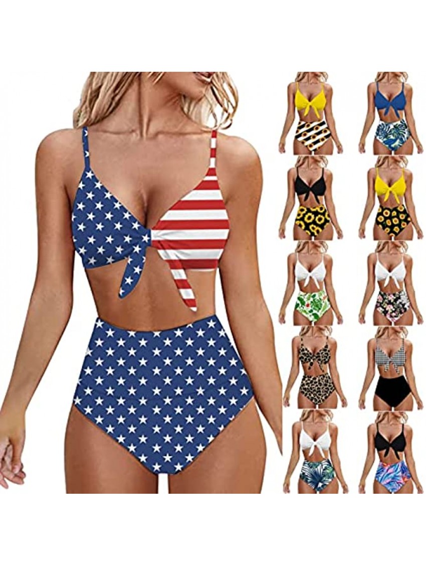 Kanzd Two Pieces Bikini Swimsuit for Women Sexy Floral Print Front Tie Knot Ruched Bikini High Waist Bathing Suit Swimwear