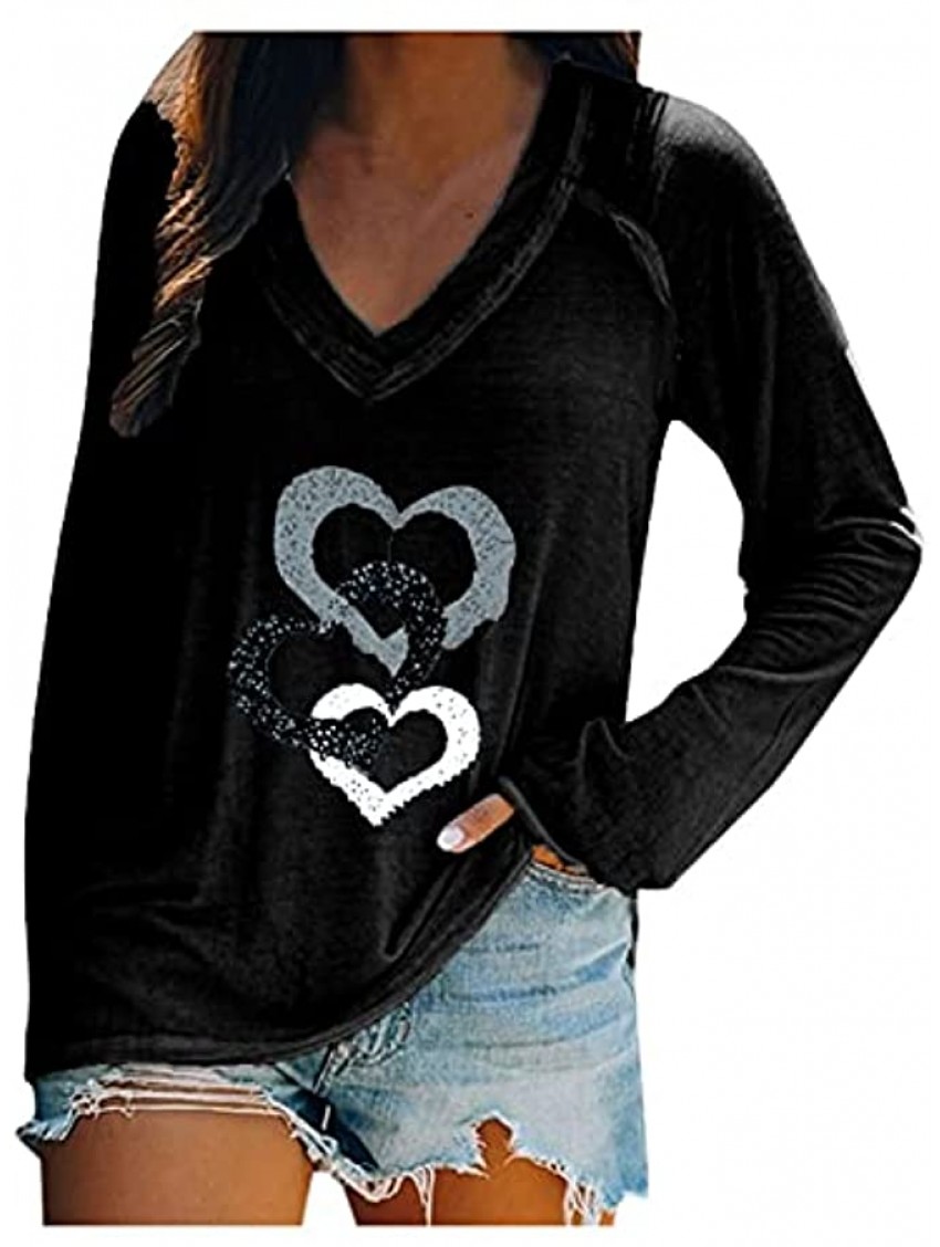 SHOPESSA Plus Size Long Sleeve Tops for Women Loose Fit Heart Graphic Tee Shirts Cute V-Neck Pullover Fashion Blouse