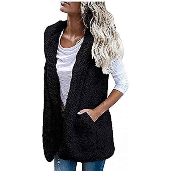 SHOPESSA Women Fuzzy Vest for Winter Hooded Fleece Jacket Womens Long Outerwear Vests Sleeveless Coats with Pockets