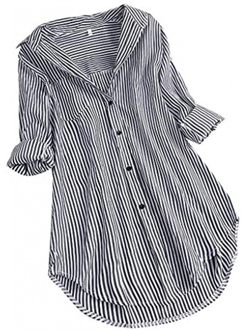 SHOPESSA Women's Striped Tunic Button Shirts Long Sleeve V Neck Plus Size High Low Blouses for Women Wear to Work