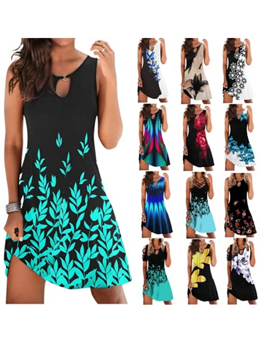 Spring Summer Dresses for Women 2022 Casual Sleeveless Nipped Waist Slim Swing Dress Floral Print Sexy Hollow Crew Neck Dress