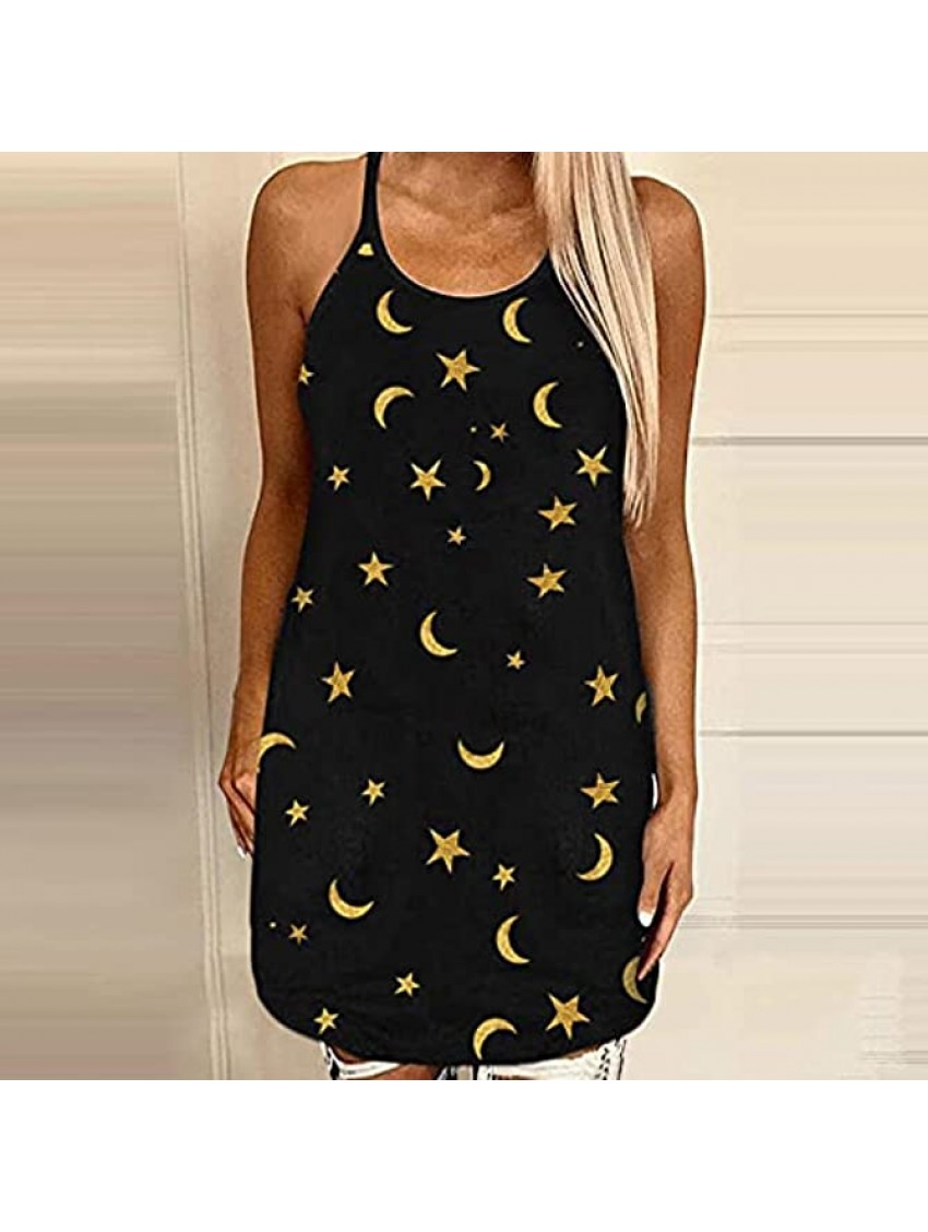 Summer Dresses for Women Sexy Backless Cami Dresses Casual O Neck Sun Dresses Fashion Moon Star Print Beach Dress Loose