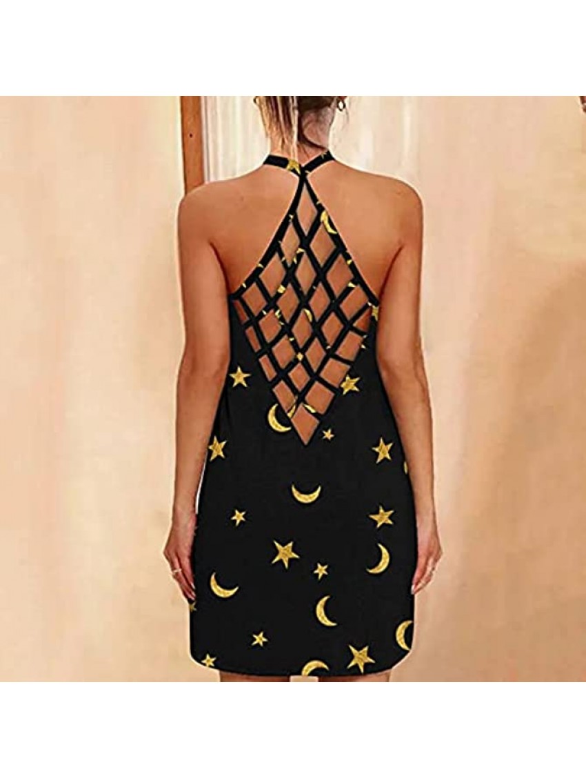 Summer Dresses for Women Sexy Backless Cami Dresses Casual O Neck Sun Dresses Fashion Moon Star Print Beach Dress Loose