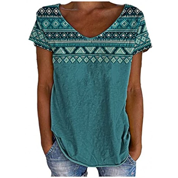 Summer Shirts for Women Casual Tops Cow Girl Color Block Print Short Sleeve V-Neck T Shirt Western Shirts for Ladies