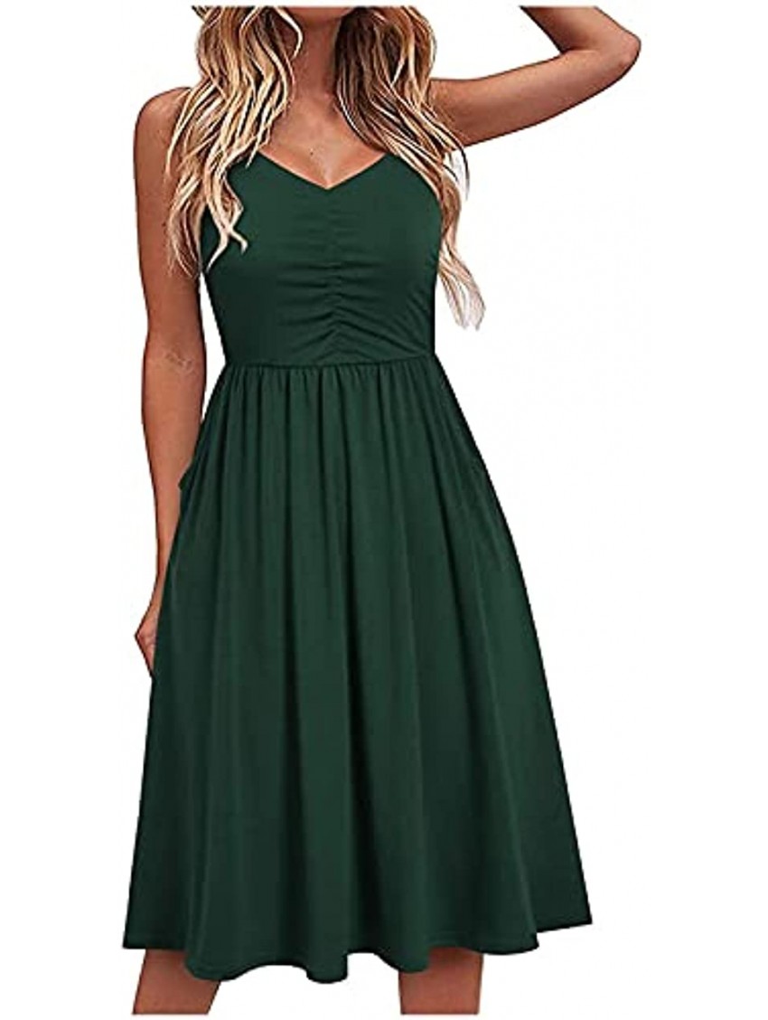 Sun Dresses Women Summer Casual Flowy Pleated Solid Dresses Sexy V Neck Backless Spaghetti Strap Dress Clothing