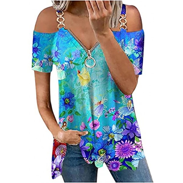 TIMIFIS Off The Shoulder Tops for Women Summer Short Sleeve T Shirts Casual Zipper V Neck Blouses Colorful Tunic Tops