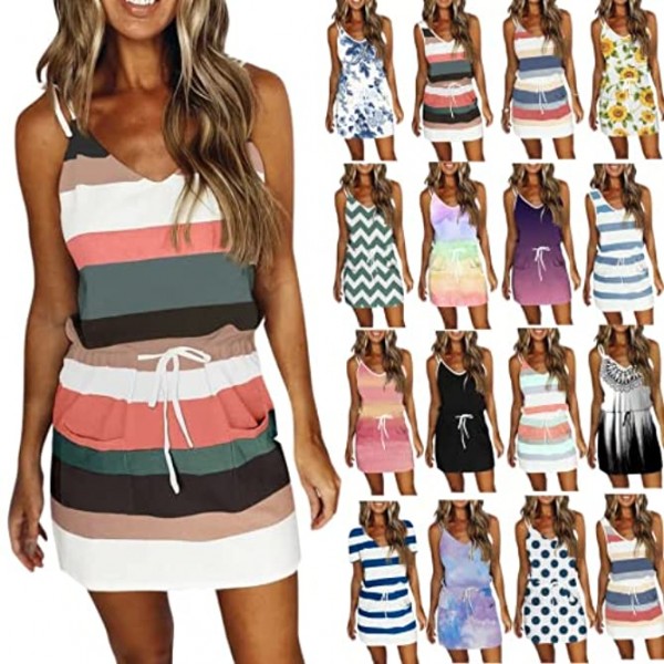 Women's 2022 Summer Dresses V Neck Stripe Mini Dress Spaghetti Strap Sleeveless Drawstring Sling Tank Dress with Pockets