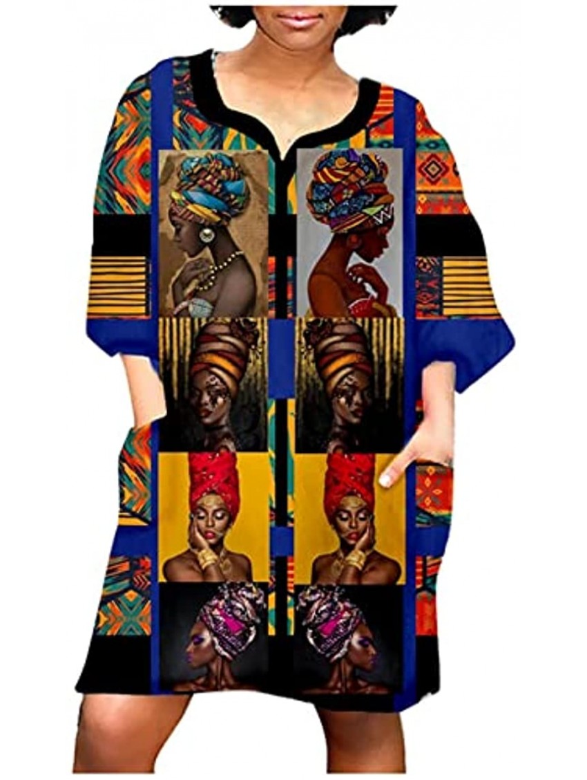 Women's African Vintage Print Dress with Pockets Half Sleeve V Neck Knee Length Gowns Casual Baggy Mini Tshirt Dress S-5XL