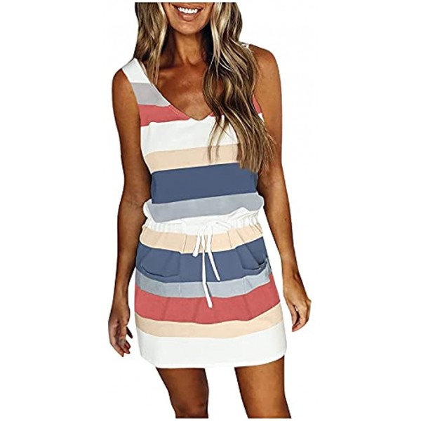 Womens Fashion V Neck Dresses Casual Stripe Color Block Sleeveless Strap Tie Waist Loose Short Tank Dress with Pockets