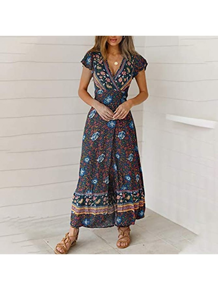 Women's Maxi Dresses Fashion Flower Print Split Long Dress Casual Short Sleeve V Neck Summer Vintage Sundress Plus Size