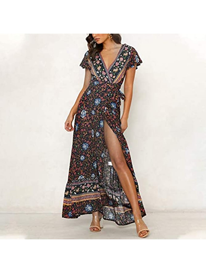 Women's Maxi Dresses Fashion Flower Print Split Long Dress Casual Short Sleeve V Neck Summer Vintage Sundress Plus Size