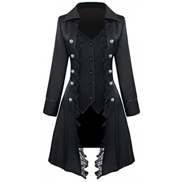 Women's Steampunk Trench Coats with Lace Trim Long Sleeve Vampire Cosplay Lapel Long Winter Jacket Halloween Costume