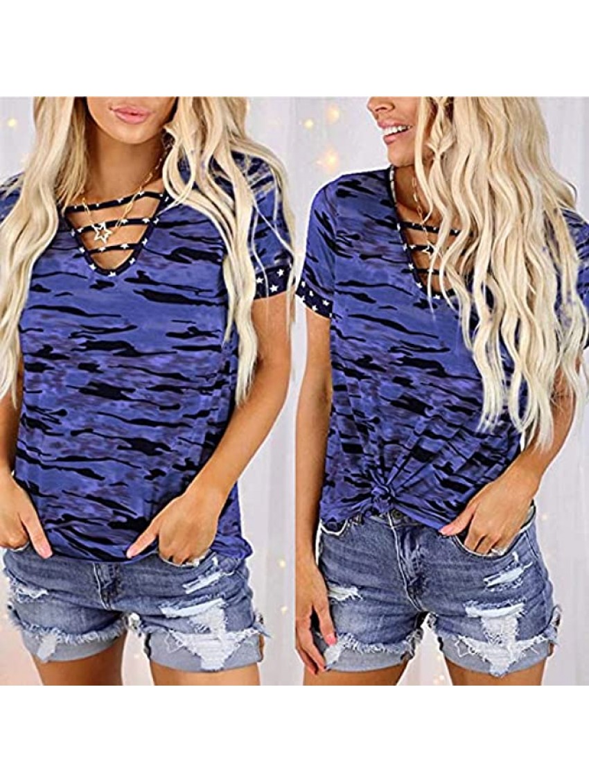 Womens Summer Tops,Camouflage Printed V-Neck Shirt Casual Short Sleeve Loose Fit Blouse T-Shirt