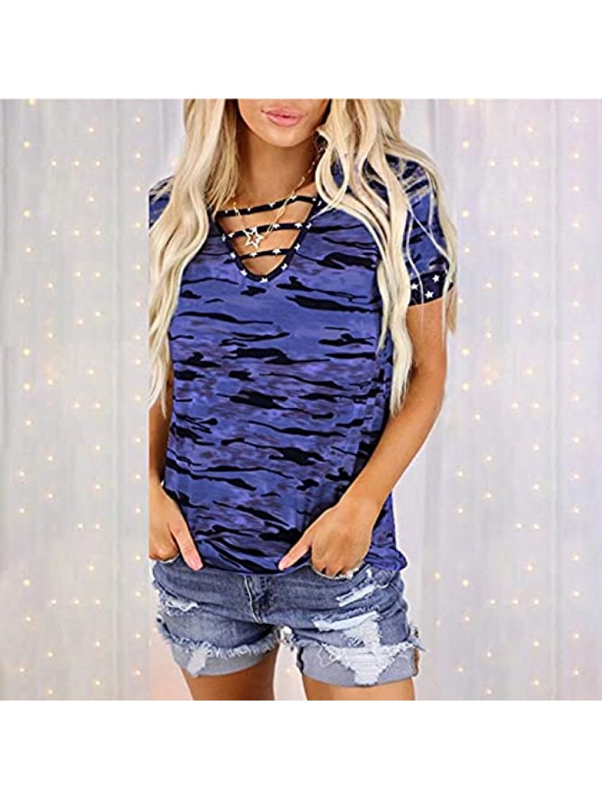 Womens Summer Tops,Camouflage Printed V-Neck Shirt Casual Short Sleeve Loose Fit Blouse T-Shirt