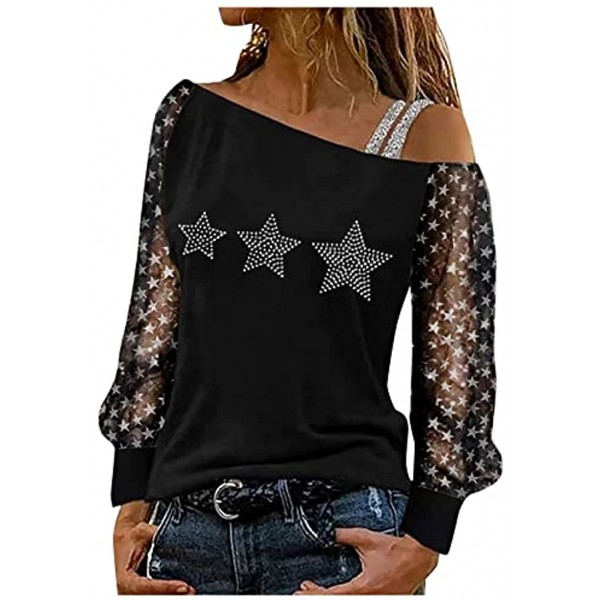 YHAIOGS Women Casual Off Shoulder Tops Long Sleeve Shirts Striped Sheer Mesh Patchwork Blouses and Shirt Star Print for Party