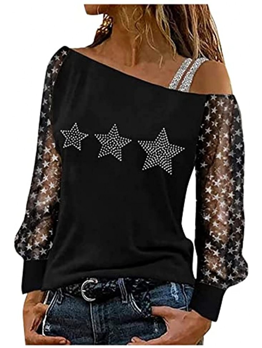 YHAIOGS Women Casual Off Shoulder Tops Long Sleeve Shirts Striped Sheer Mesh Patchwork Blouses and Shirt Star Print for Party